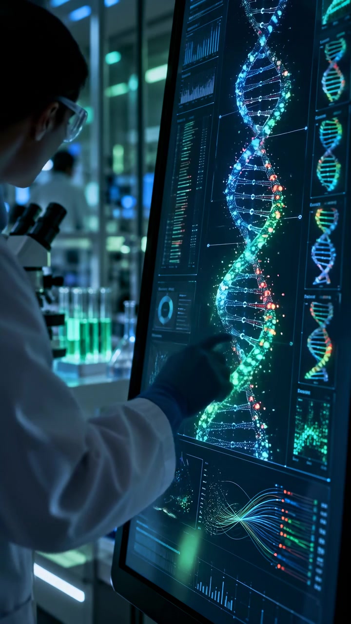 Persona in camice bianco interagisce con uno schermo illuminato mentre grafici colorati di DNA rimangono in evidenza e dati tracciati scorrono sotto, con microscopio e attrezzature da laboratorio nelle vicinanze