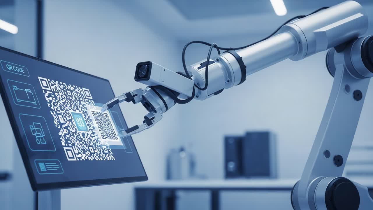 Advanced Robotic Arm Scanning QR Code with Precision and Efficiency in a High-Tech Environment, Showcasing Cutting-Edge Automation Technology and Intelligent Design