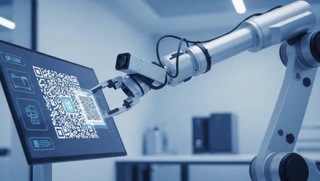 advanced robotic arm scanning qr code with precision and efficiency in a high-tech environment, showcasing cutting-edge automation technology and intelligent design
