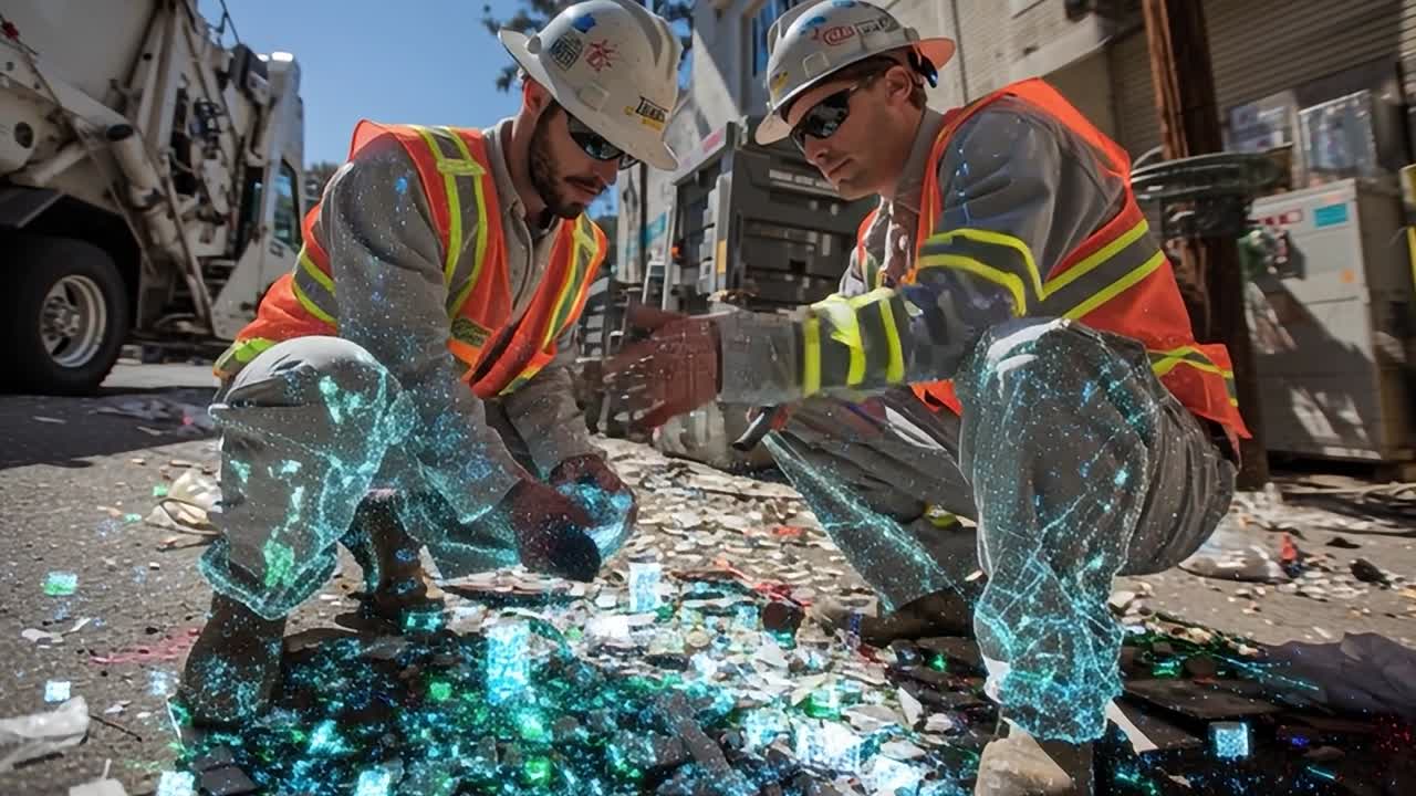 Workers examining digital cubes during a street cleanup in city