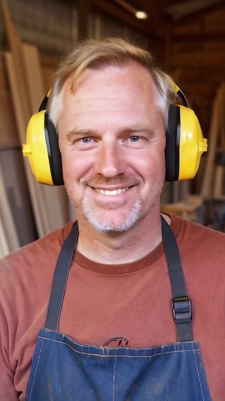 Carpenter with yellow protective headset in carpentry shop looking at camera.