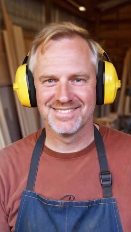 carpenter with yellow protective headset in carpentry shop looking at camera.