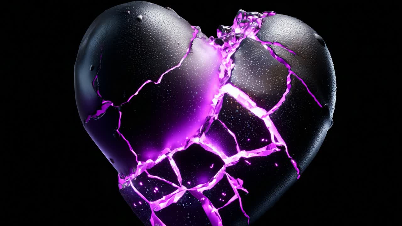 Ein atemberaubendes Bild eines zerbrochenen Herzens, das die Essenz von Emotion und Zerbrechlichkeit einfängt, mit schillernden violetten Highlights vor einem dunklen Hintergrund, das tiefe Gefühle von Verlust und Schönheit hervorruft