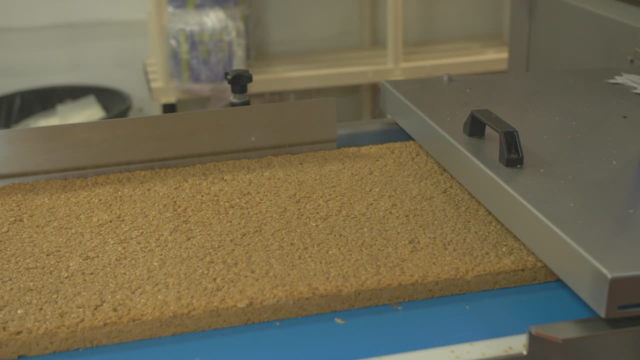 대형 베이커리 생산 환경에서 컨베이어 벨트를 따라 이동하는 플랩잭 또는 그래놀라의 넓은 슬래브