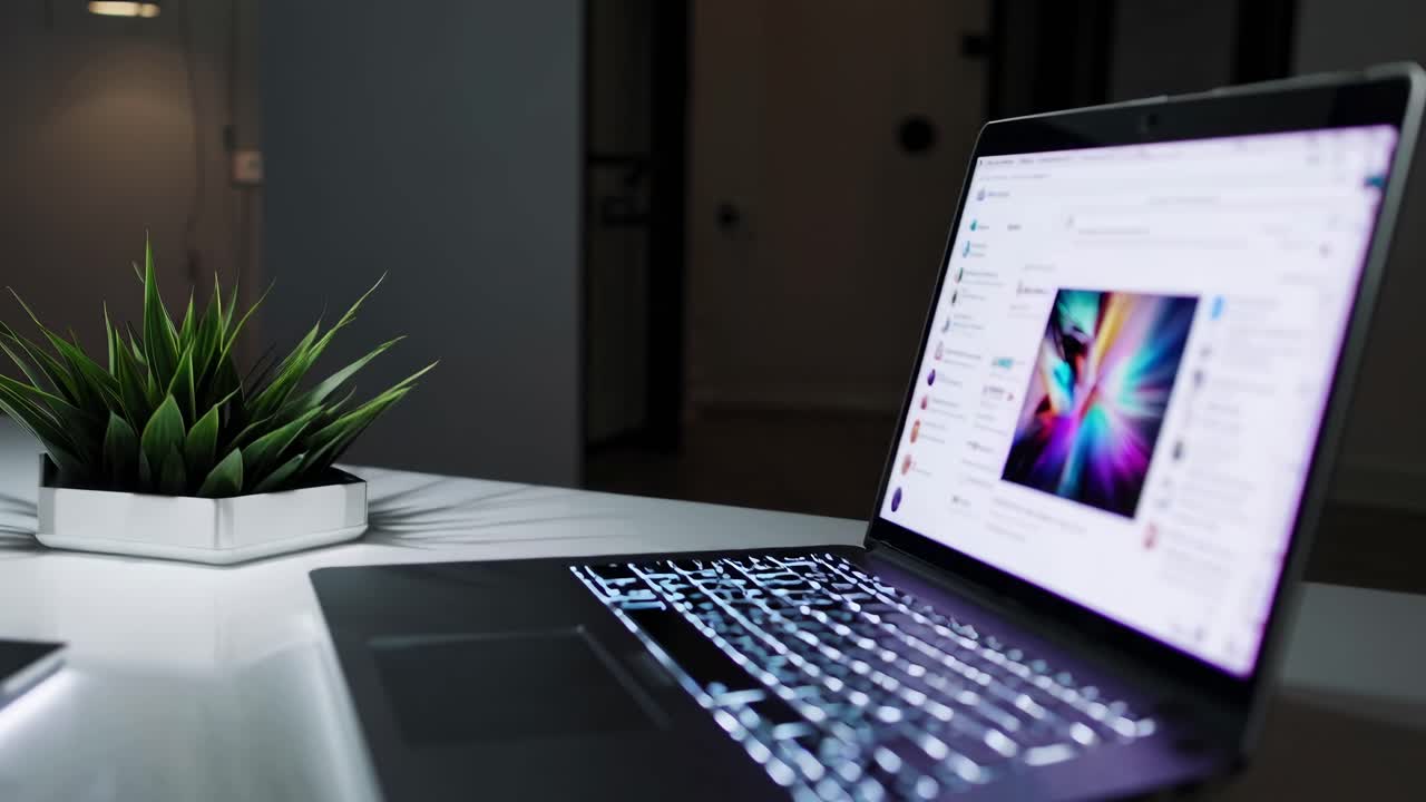 Modern workspace with a laptop displaying a vibrant video