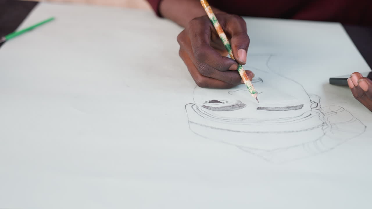Artist drawing portrait with pencil, closeup of hands and face, precise linework and subtle shading, eraser at side, white paper canvas on table, warm brick backdrop, focused studio practice