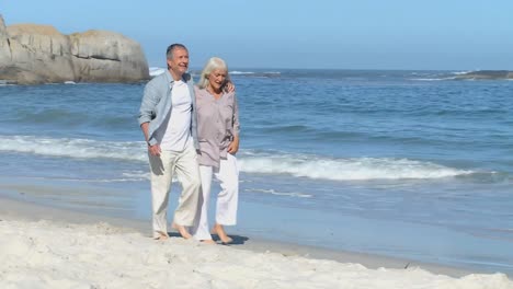 elderly couple walking along the beach