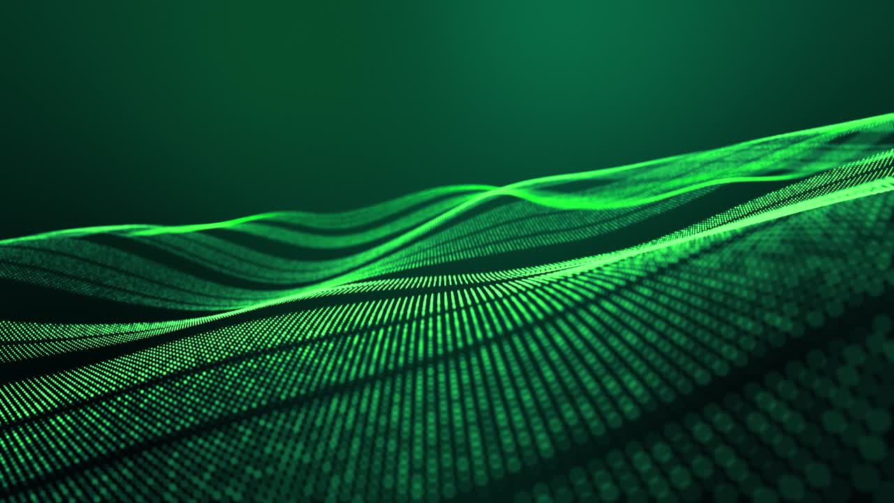 4k looped abstract green background of glow particles form lines, surfaces, stripes structures as futuristic landscape in cyberspace or hologram. Sci-fi theme with DOF, lighting effects and bokeh.