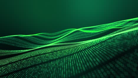 4k looped abstract green background of glow particles form lines, surfaces, stripes structures as futuristic landscape in cyberspace or hologram. sci-fi theme with dof, lighting effects and bokeh.