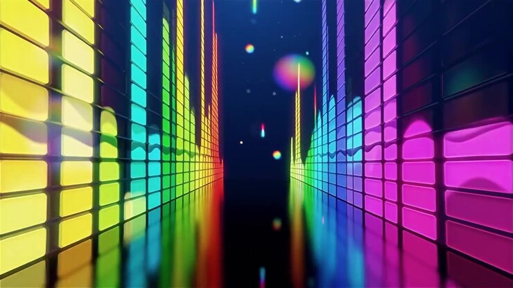 Sfondo visualizzatore equalizzatore musicale neon arcobaleno futuristico.