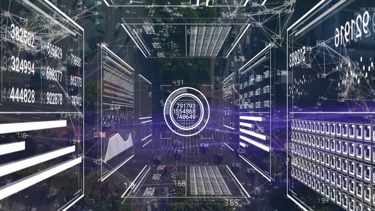 Animation of screens with network of connections and data processing