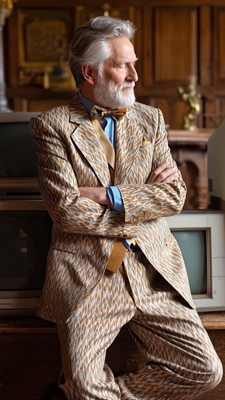 Un distinto gentiluomo in un elegante abito a fantasia posa con sicurezza contro uno sfondo di televisori vintage, incarnando un mix unico di eleganza e nostalgia.