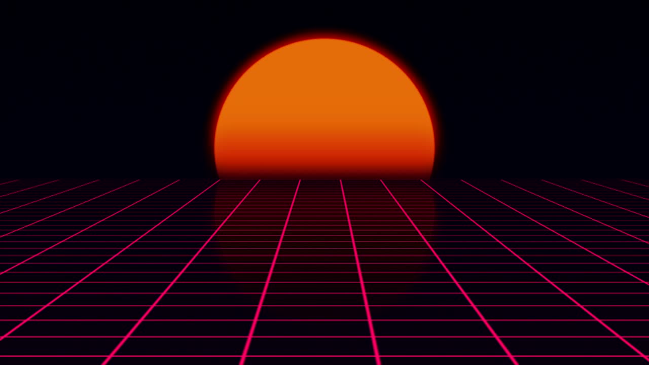 1980년대 스타일의 해가 지는 레트로 퓨처리즘 풍경, 그리드 표면의 디지털 여름 풍경, 3d 렌더링