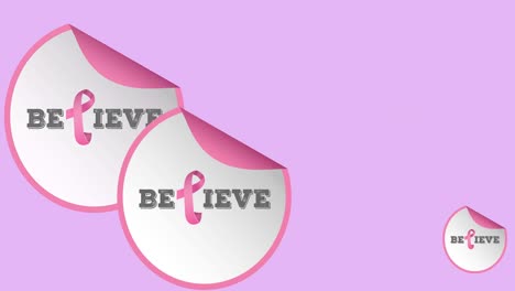 animation of multiple pink ribbon logo and believe text appearing on white background