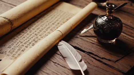 ancient scrolls and inkwell on wooden table