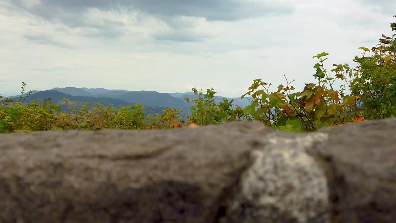 hd boom hasta más allá de la pared de piedra y el seto de color otoñal para revelar la casa vista en un acantilado en la distancia con vista al río columbia con cielo mayormente nublado toma una