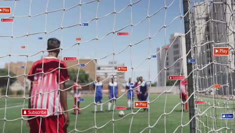 soccer players on field with play and subscribe buttons animation over net
