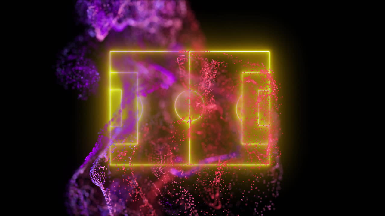 Glowing soccer field animation over vibrant purple and red abstract background