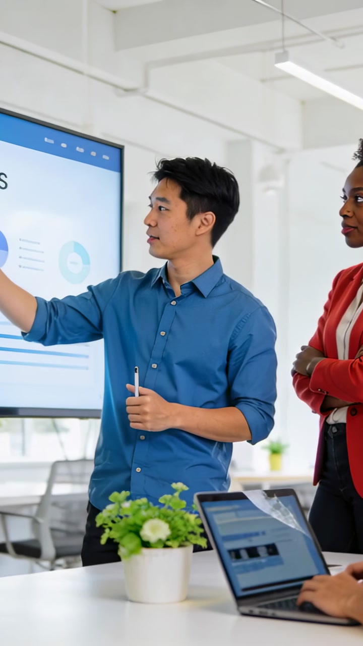 Vertical video: Starting office meeting man in blue pointing at screen woman in red checking laptop