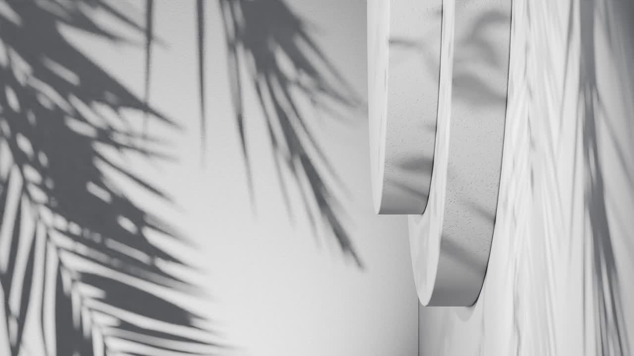 Minimal white background with tropical palm leaf shadows and abstract geometric podium shapes. Studio composition with natural light and soft contrast. vertical