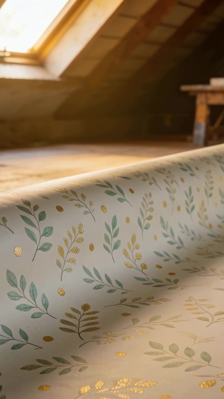 Vertical video: Unrolling wallpaper roll by pull on attic floor to check pattern, skylight glinting