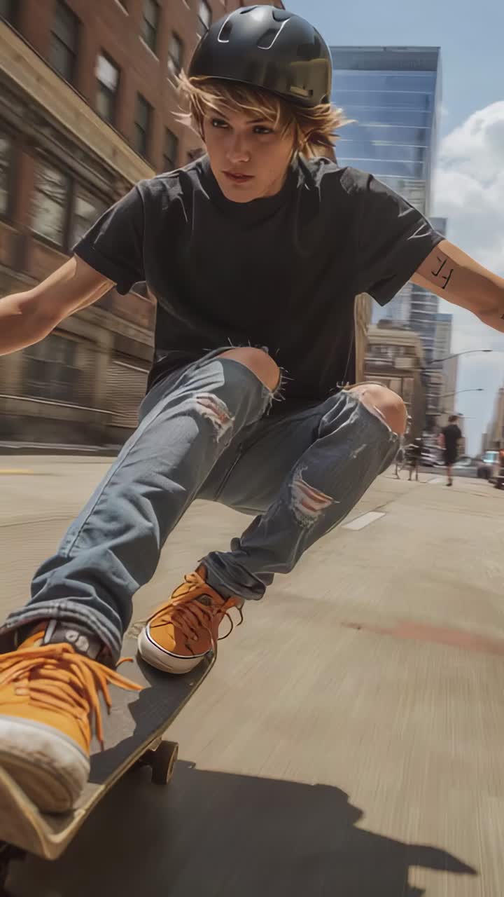 Video verticale: camera che si alza, skater con casco che percorre una corsia con jeans strappati e scarpe arancioni per mantenere l'equilibrio