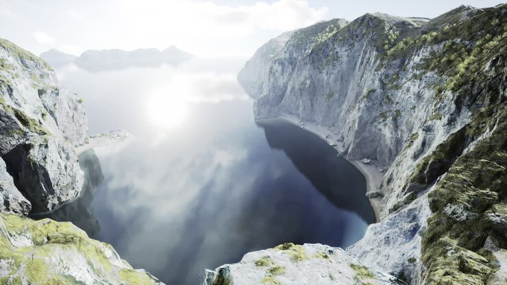 Splendida Vista Aerea di un Fiordo Sereno Circondato da Montagne Maestose