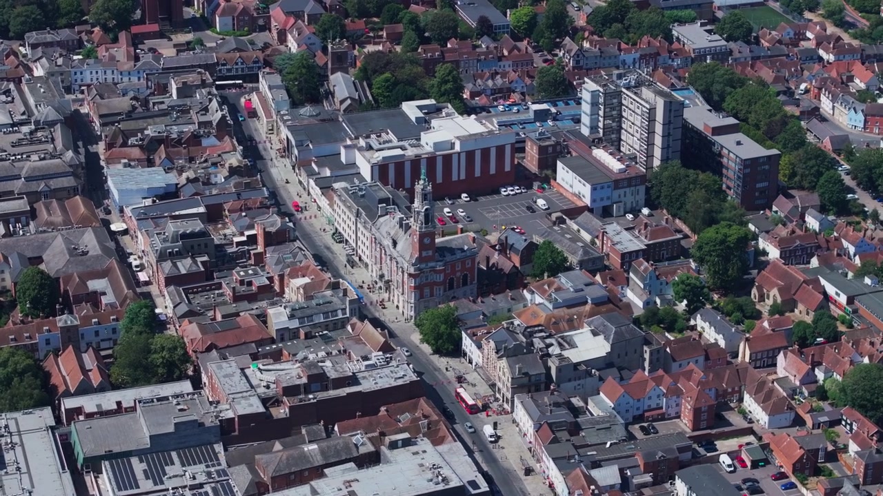 High aerial shot over Colchester High street