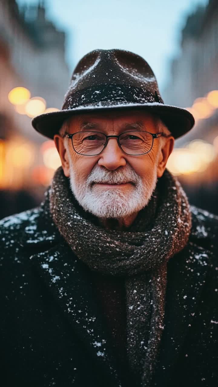 Ritratto di uomo anziano sorridente in una città invernale