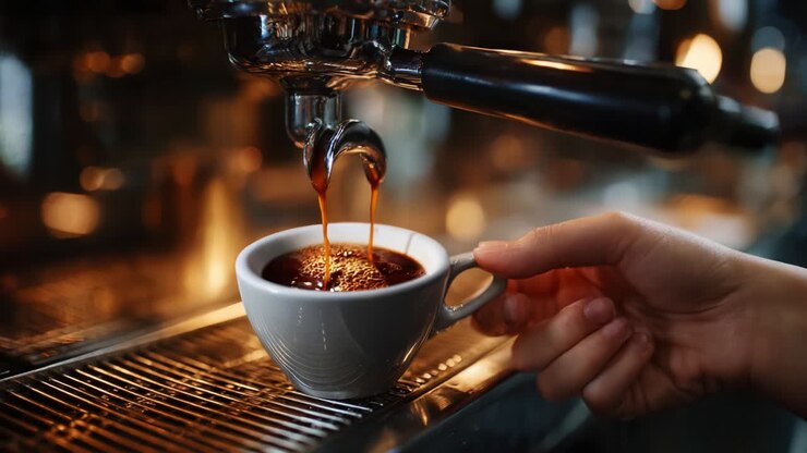 L'affascinante processo di preparazione di un espresso fresco: una vista ravvicinata di un caffè scuro e corposo che si versa in una tazza bianca, che mette in mostra l'arte della maestria artigianale in ogni goccia di oro liquido proveniente dalla macchina da espresso