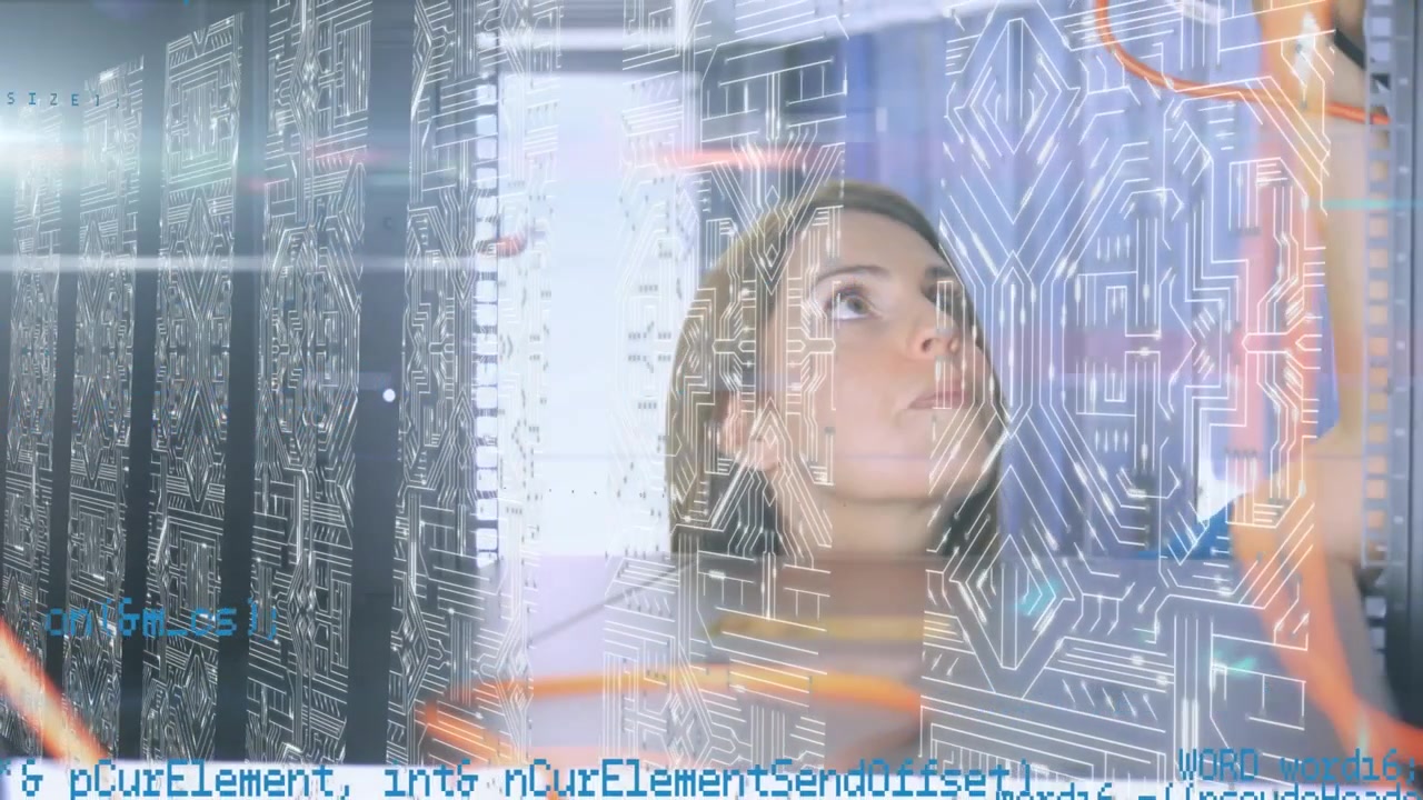 Animation of data processing, lights and caucasian woman checking servers