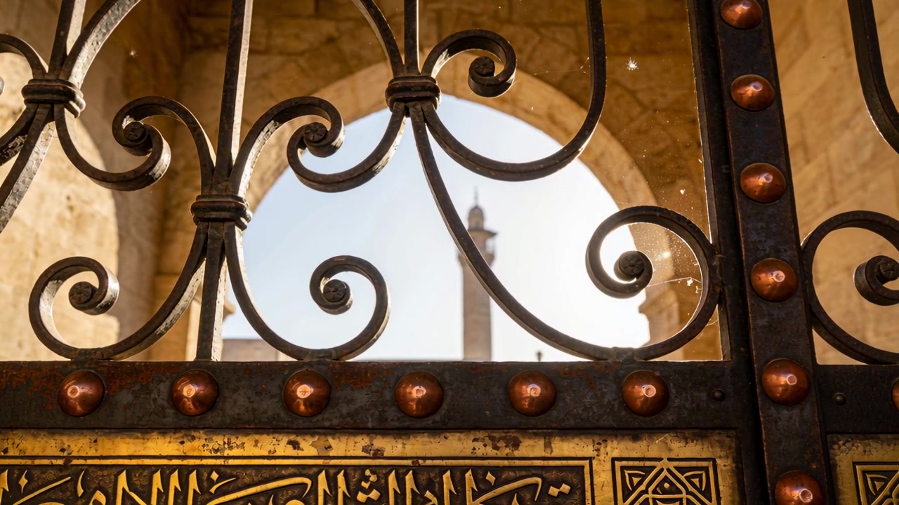 Un portail en premier plan, la caméra s'élève pour révéler le minaret d'une mosquée, la lumière du soleil scintille sur un panneau de bronze.