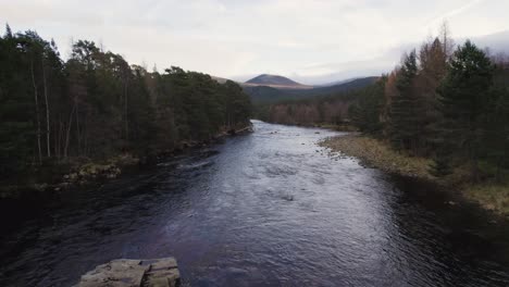 Aerial-drone-footage-rising-above-a-river-and-forest-to-reveal-hills-and-mountains-in-the-Cairngorms,-Scotland-with-Scots-pine,-birch-and-larch-trees-on-the-river-banks-near-Braemar