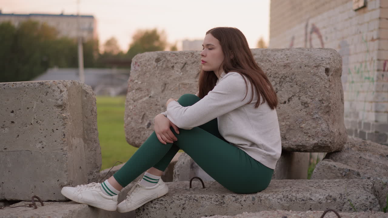 Woman sits on building concrete rocks near building. Reflections on difficult life and thoughts about solving mental problems with specialist. Evening walk alone
