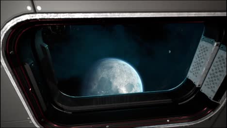 view of window from spaceship with moon
