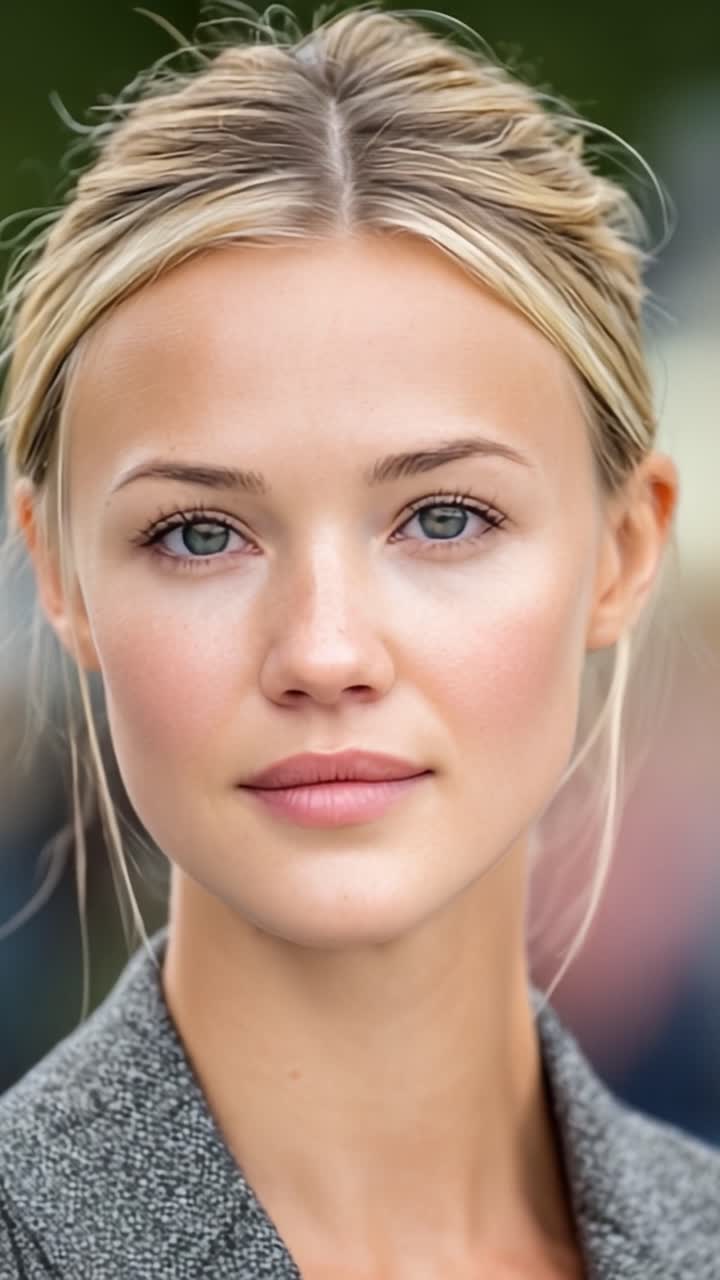 Immagine di una giovane donna dalla bellezza radiosa che mostra espressioni naturali e una pelle impeccabile in due fotogrammi, mettendo in risalto la sua presenza serena ed elegante.