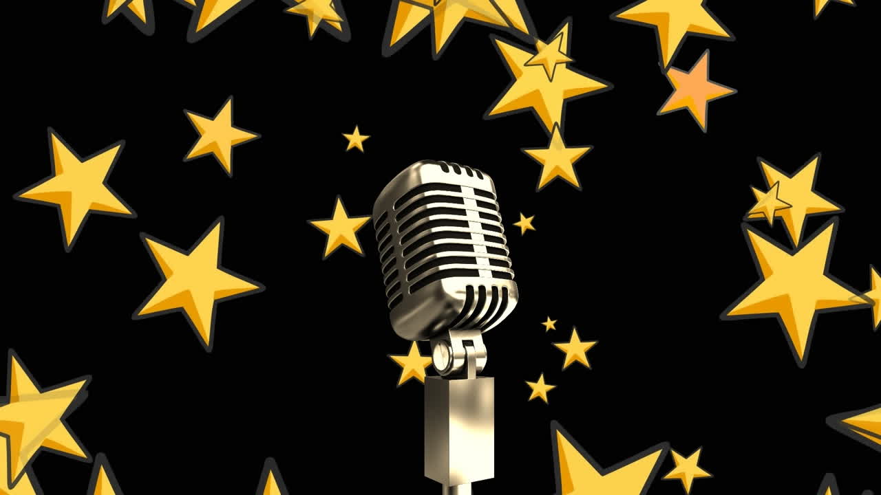 복사 공간과 함께 검은 바탕에 떠다니는 황금색 별 아이콘 위의 마이크의 애니메이션