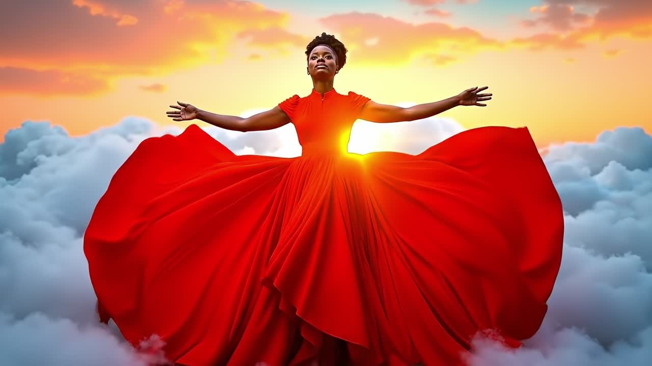A woman in a red dress standing in the clouds