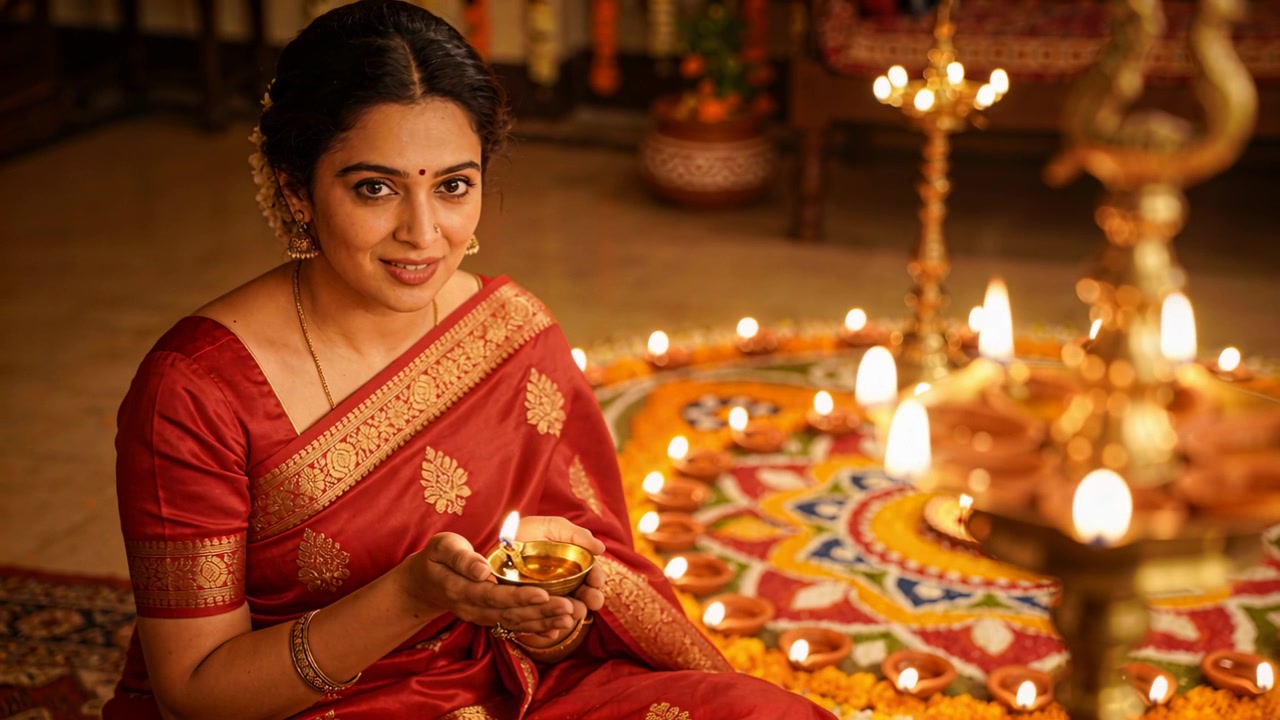 Donna che tiene in mano una diya di ottone, in sari rosso e oro che offre luce durante una puja domestica, eseguendo un rituale di preghiera