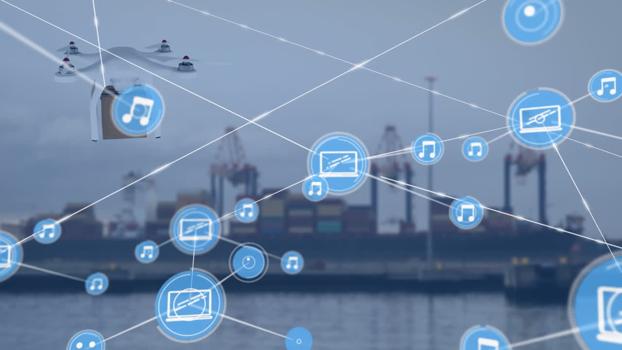 드론과 선박을 통해 아이콘을 가진 연결 네트워크의 애니메이션