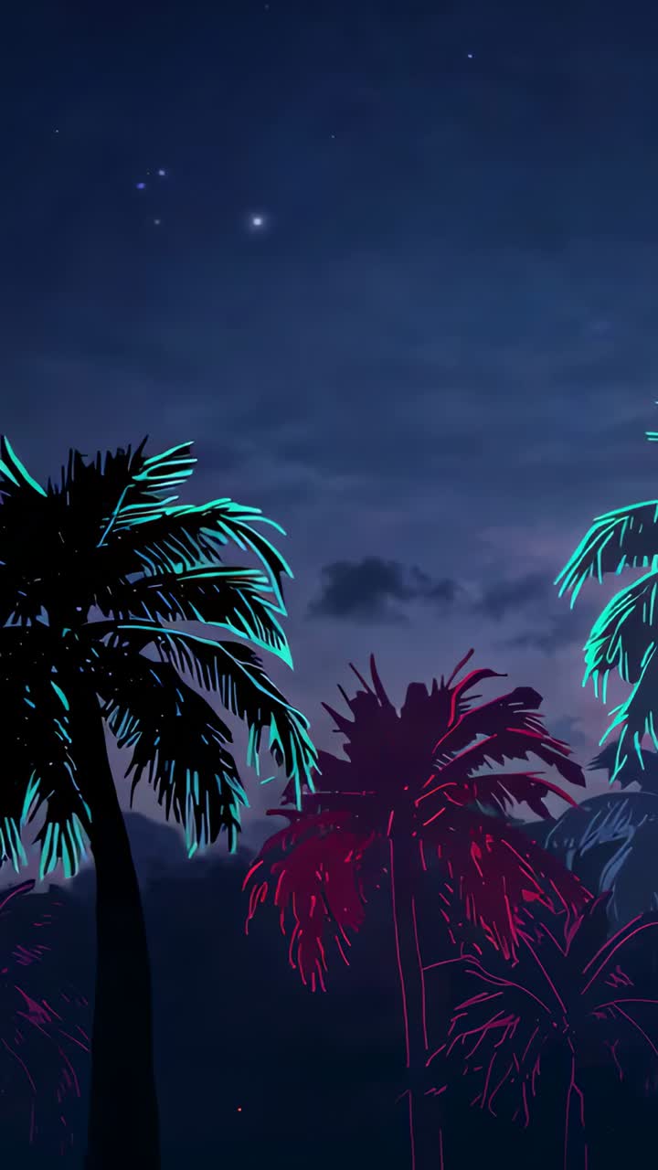 Vertical video: Neon glow shifting central palm, filling it solid red in night sky with cyan palms