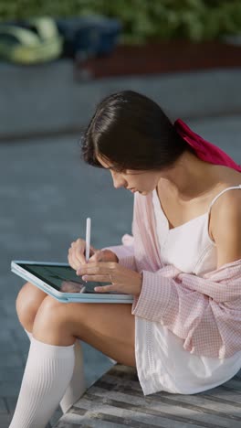 young woman drawing on tablet outdoors