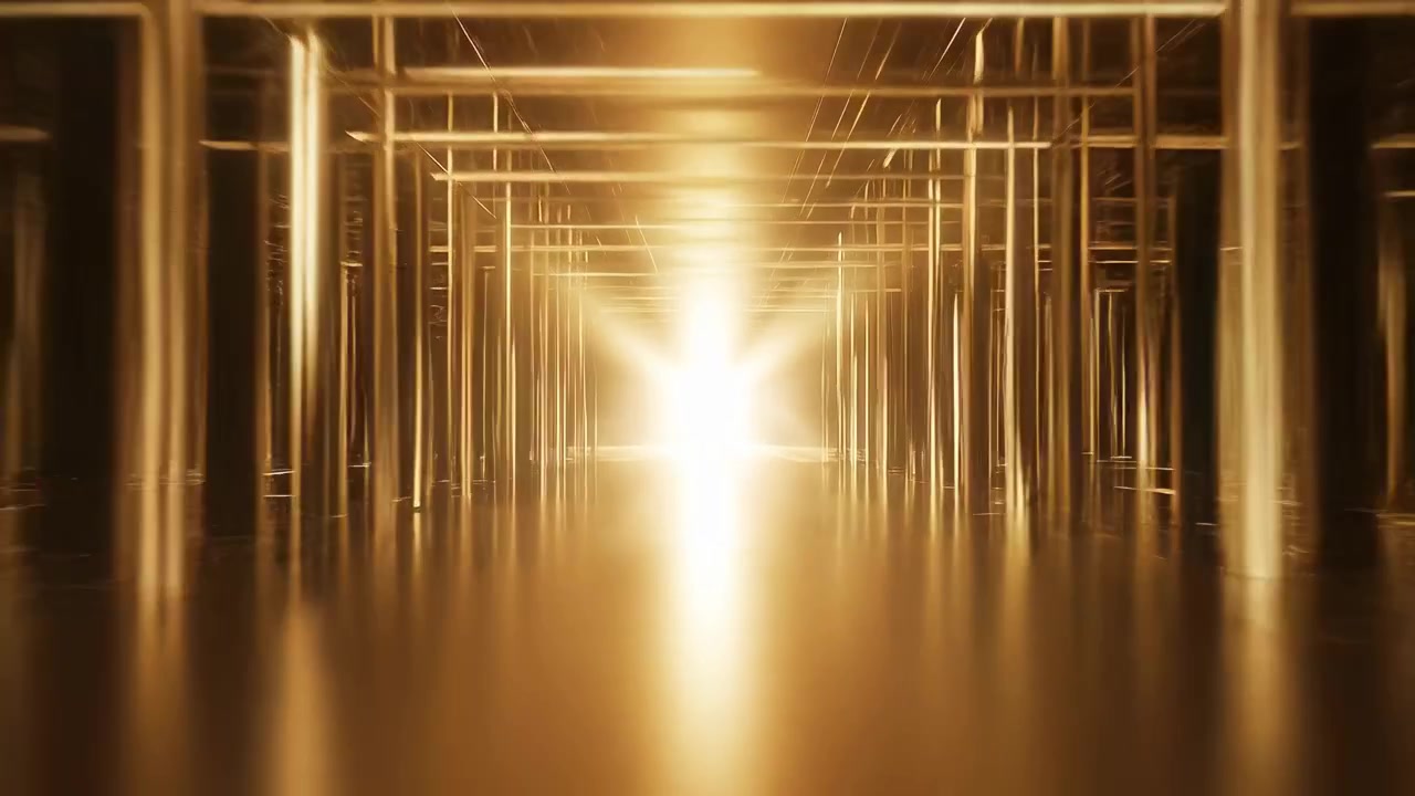 Moving Through a Golden Futuristic Tunnel Towards a Bright Light