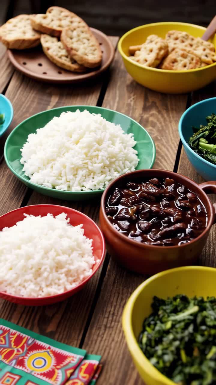Top-down video shot of colorful bowls with rice, greens, and stew on a rustic wooden table