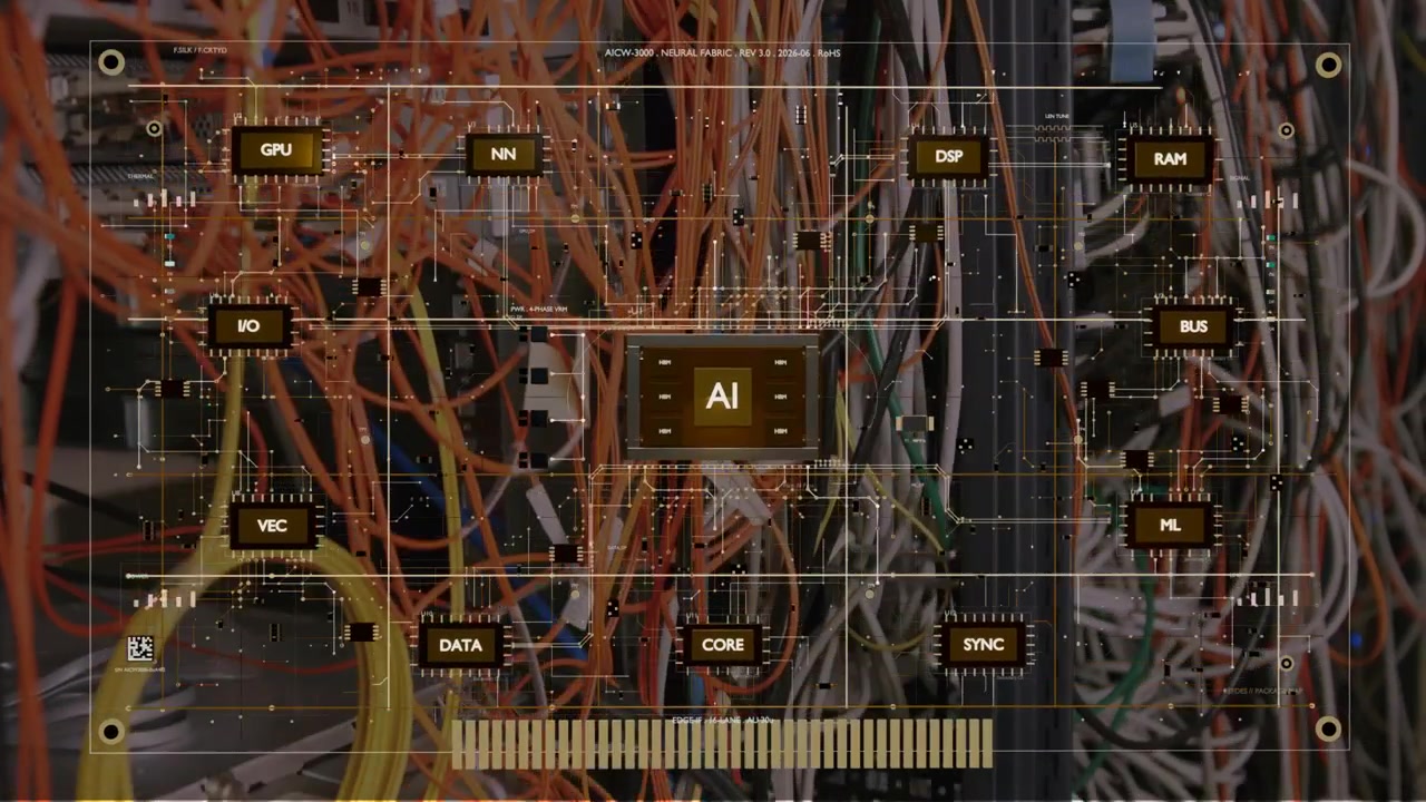 On AI activation, server rack cables revealing HUD overlaying rack, mapping central AI module nodes
