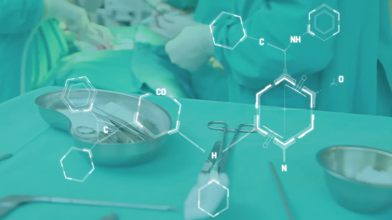 Animation of chemical formula over diverse surgeons in operating theatre