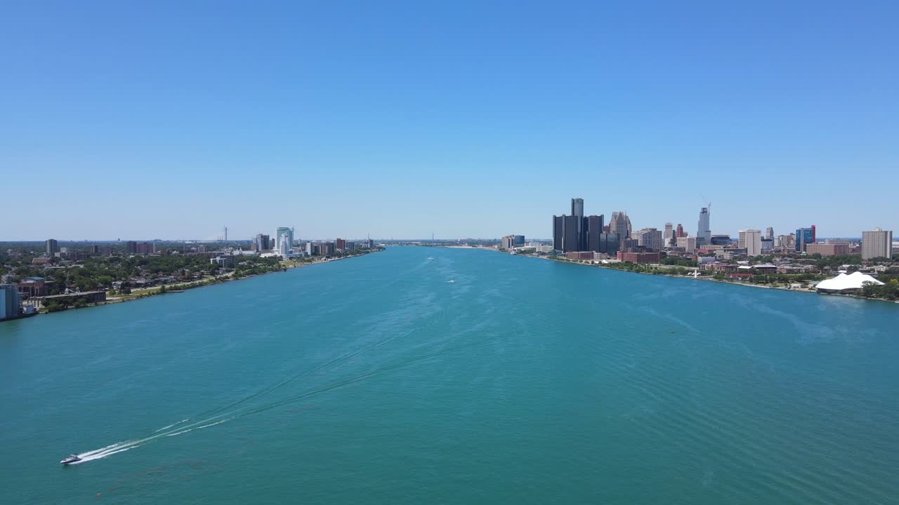 Detroit River separates Detroit and Windsor, aerial panoramic view
