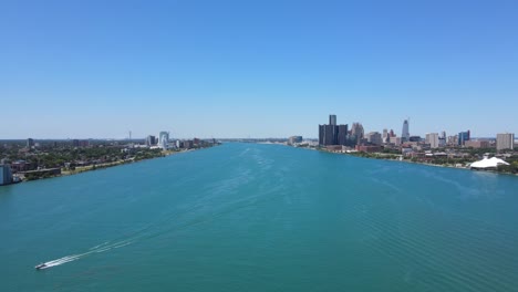 Detroit River separates Detroit and Windsor, aerial panoramic view