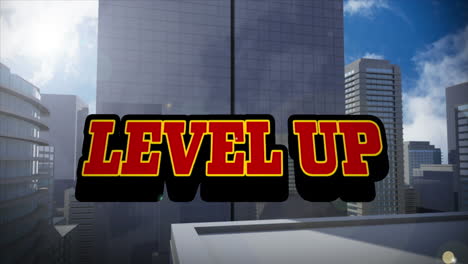 animación del texto de nivel en letras rojas sobre el paisaje urbano
