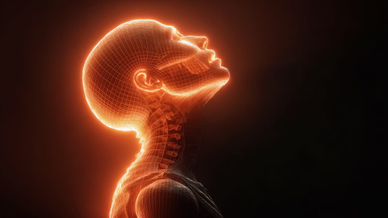 Una sorprendente rappresentazione visiva di una figura umana illuminata da flussi di energia, che mostra una fusione di arte e tecnologia in una prospettiva surreale e luminosa.